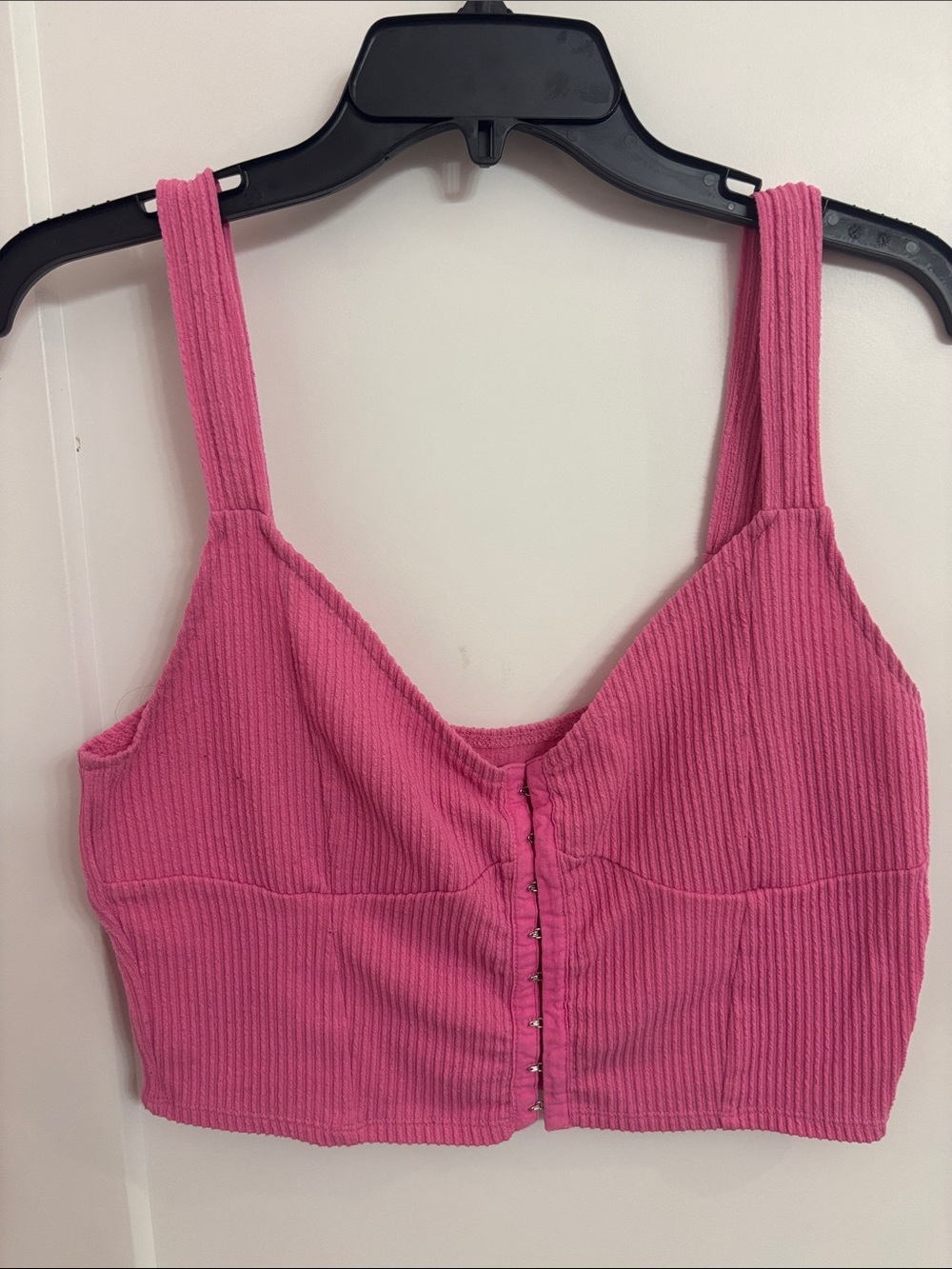Pink Ribbed Hook-Front Crop Top